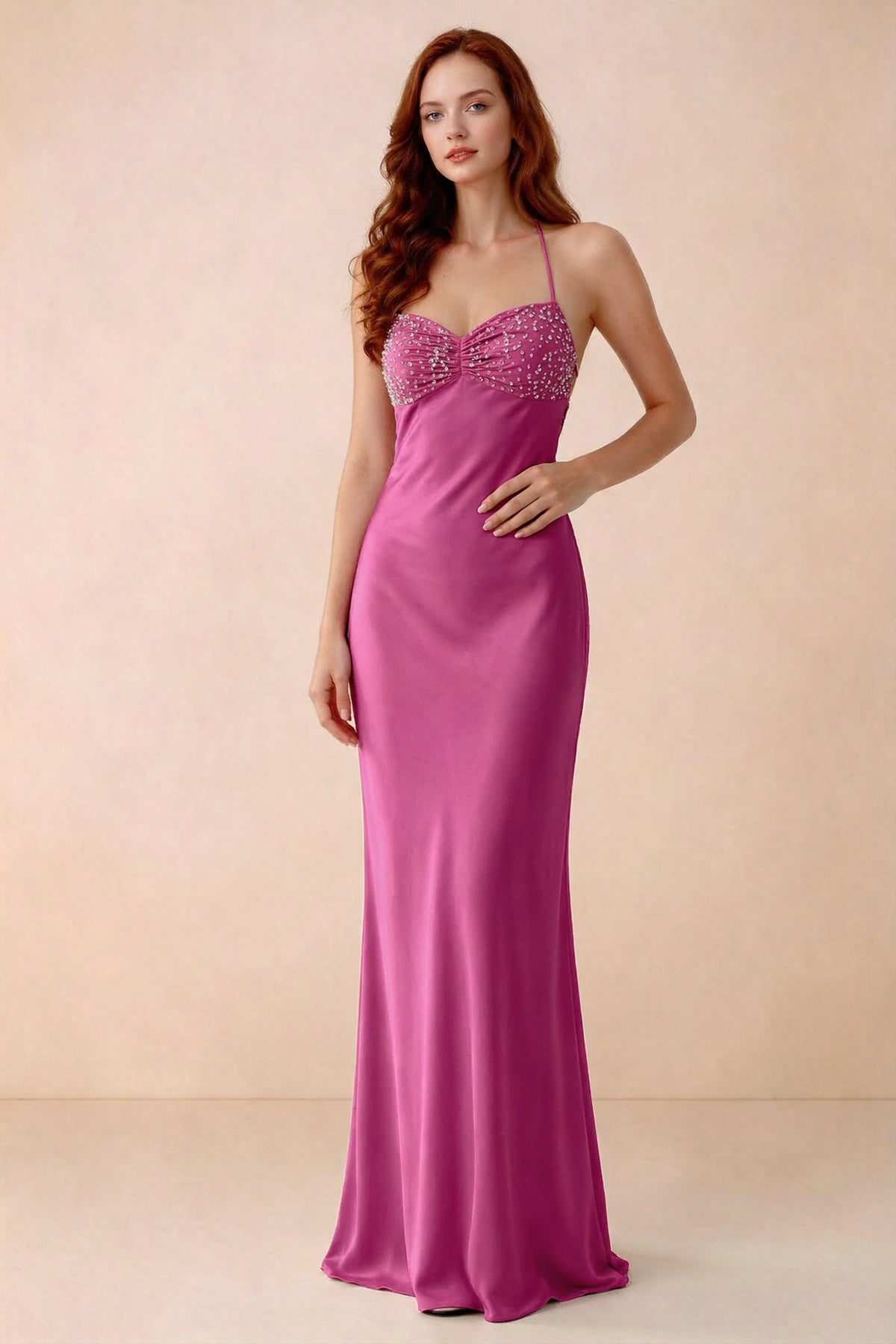 Front studio view of Blanche hot pink satin beaded maxi dress showing the sweetheart bodice and mermaid skirt