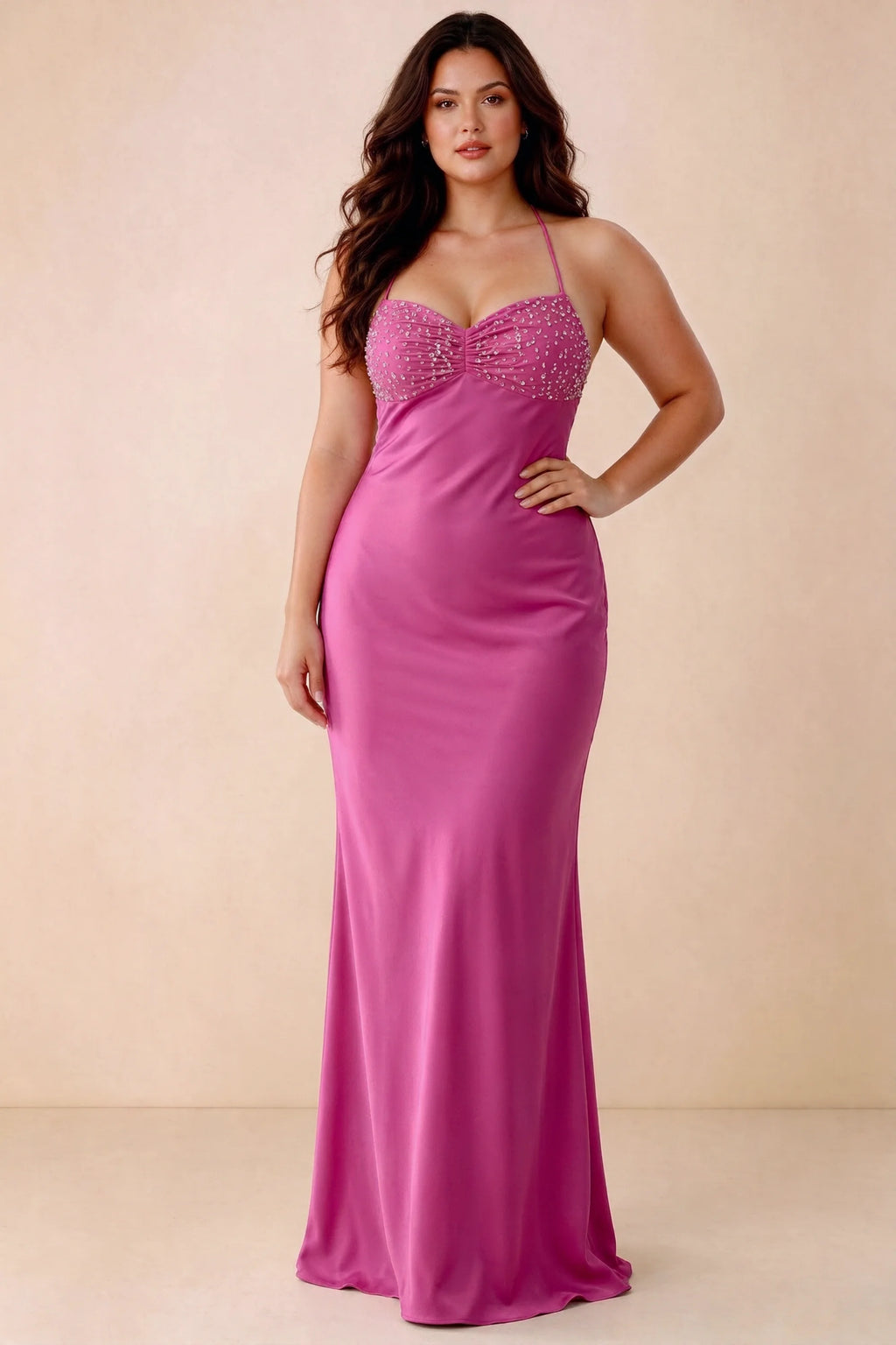 Front studio view of Blanche hot pink maxi dress showing the ruched beaded bodice and smooth skirt