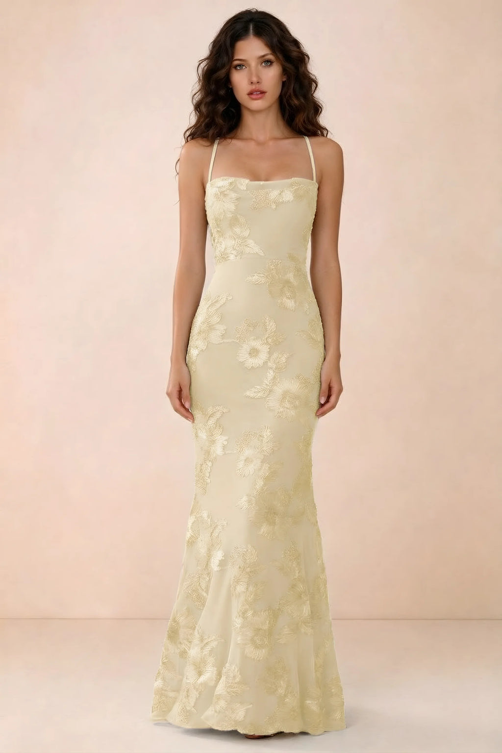 Front studio view of Belinda lemon 3D flower mermaid maxi dress with a straight neckline and thin straps