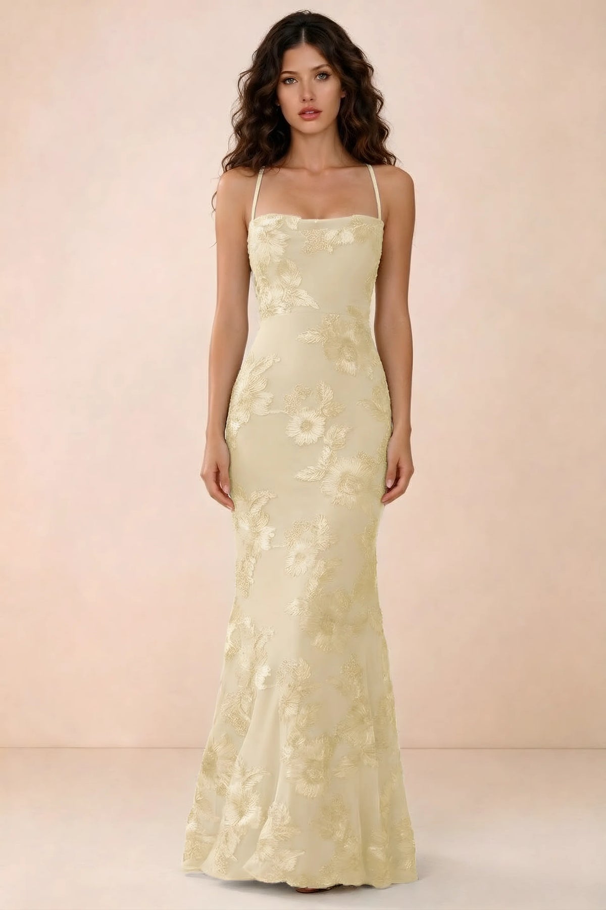 Front studio view of Belinda lemon 3D flower mermaid maxi dress with a straight neckline and thin straps
