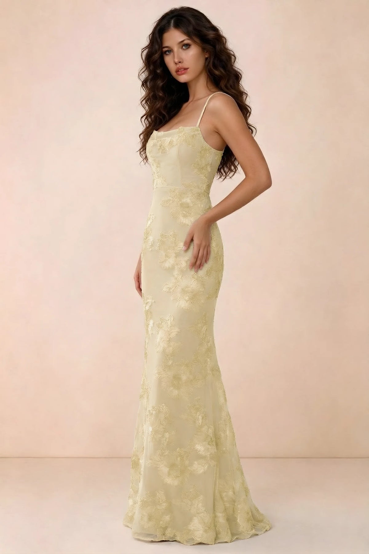 Three-quarter studio view of Belinda lemon dress showing the fitted waist and flared mermaid hem