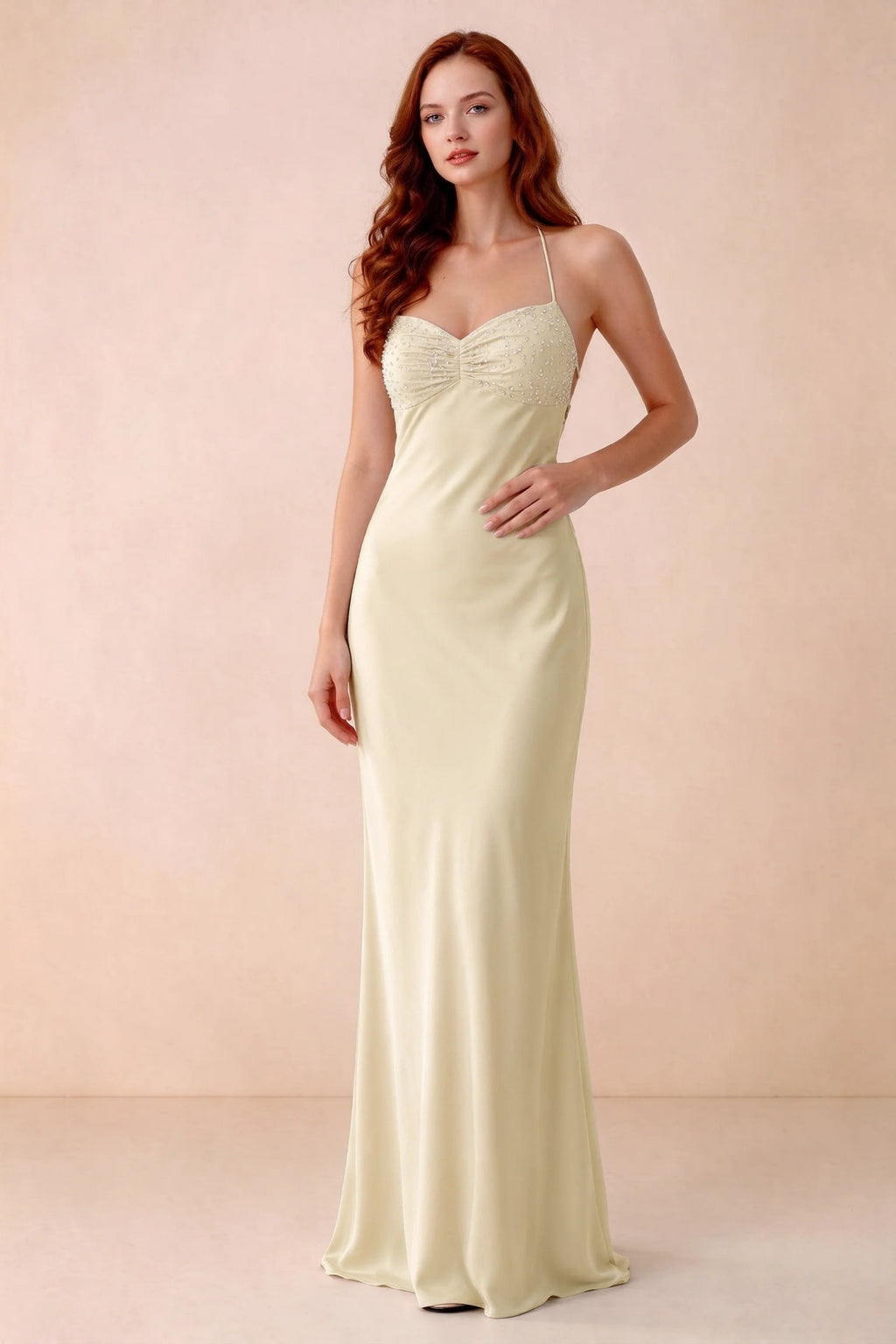 Front studio view of Blanche lemon satin beaded maxi dress showing the sweetheart bodice and mermaid skirt