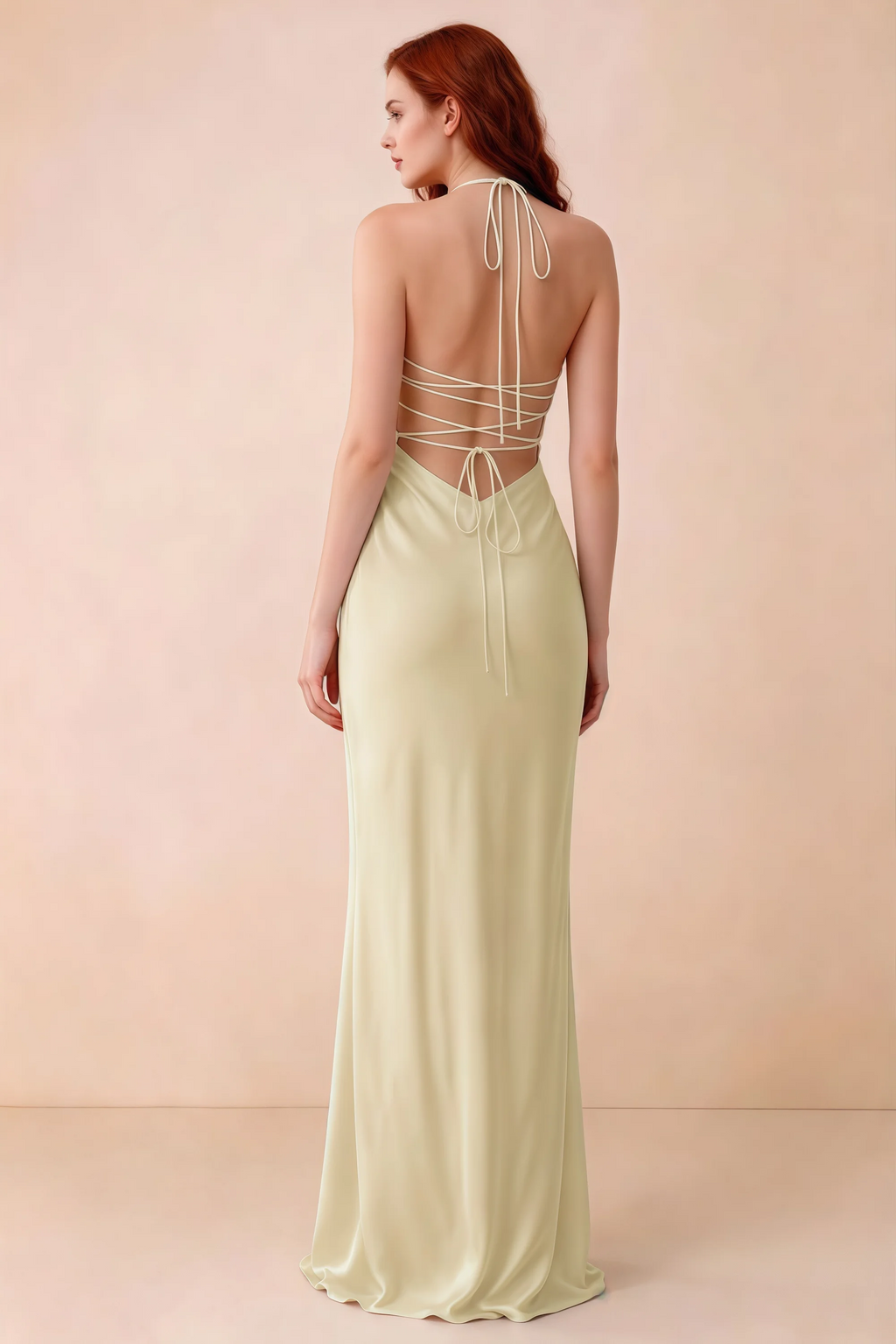Back studio view of Blanche lemon dress showing halter neck ties and crossed open-back lacing