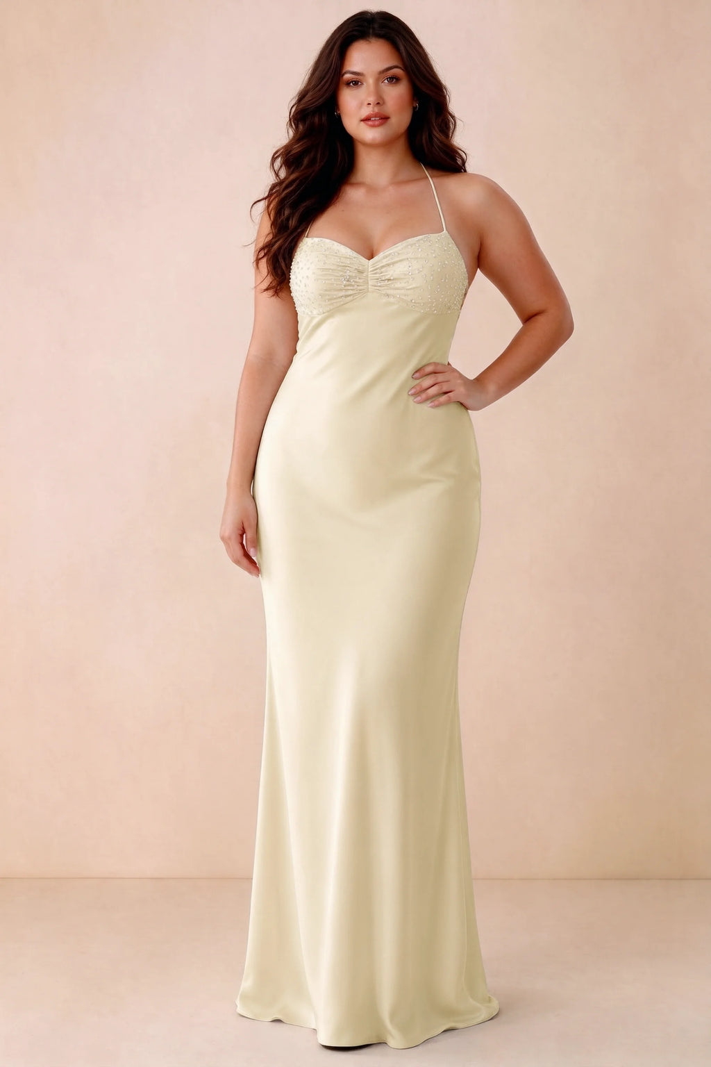 Front studio view of Blanche lemon maxi dress showing the ruched beaded bodice and smooth skirt