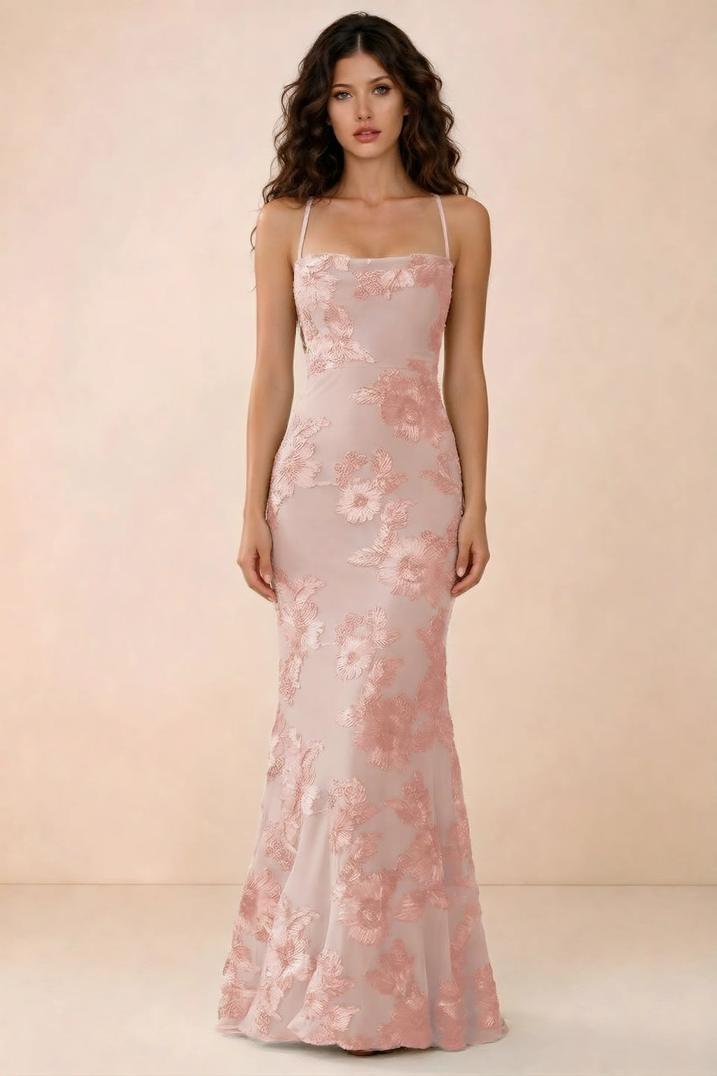 Front studio view of Belinda light pink 3D flower mermaid maxi dress with a straight neckline and thin straps