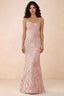 Front studio view of Belinda light pink 3D flower mermaid maxi dress with a straight neckline and thin straps