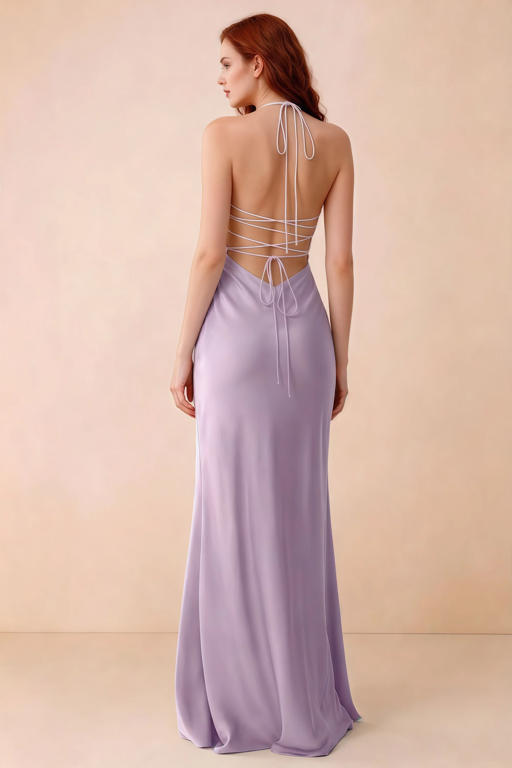 Back studio view of Blanche lilac dress showing halter neck ties and crossed open-back lacing