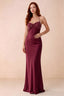 Front studio view of Blanche merlot satin beaded maxi dress showing the sweetheart bodice and mermaid skirt