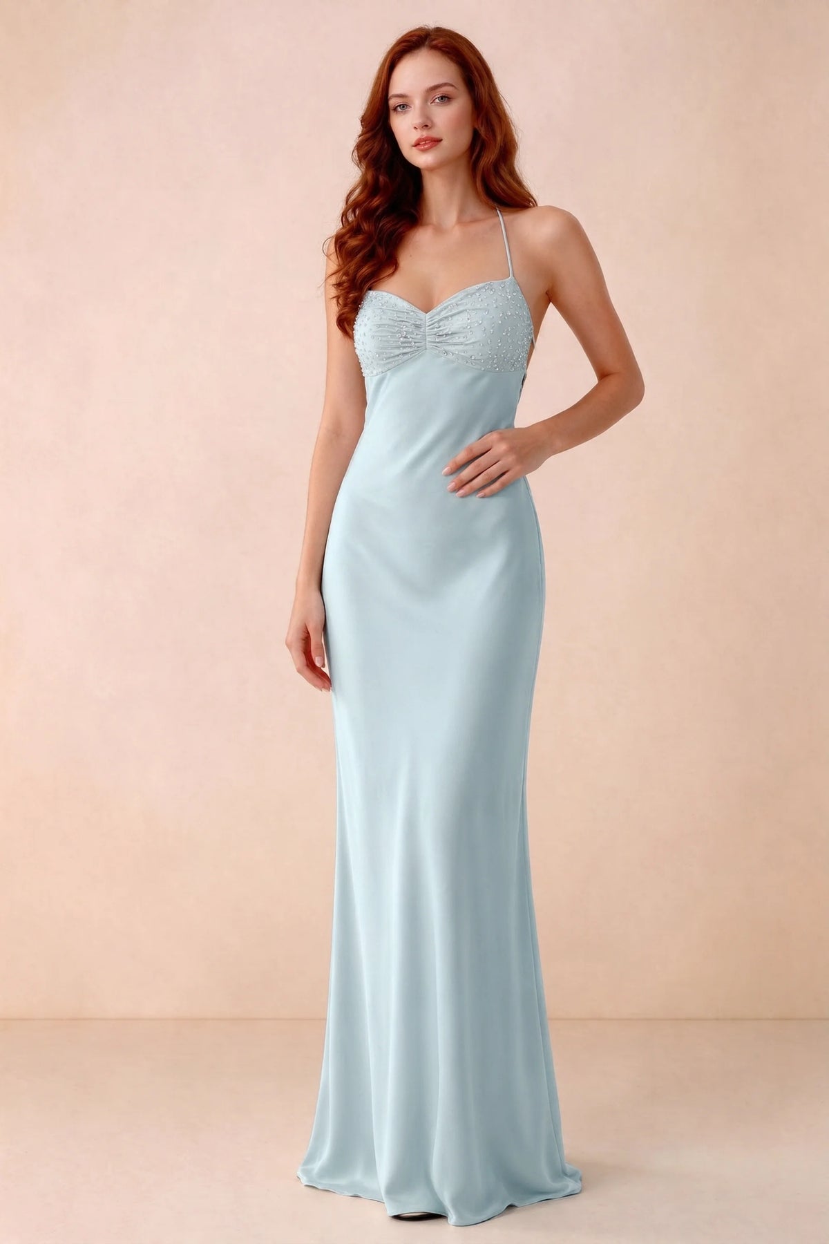 Front studio view of Blanche mist satin beaded maxi dress showing the sweetheart bodice and mermaid skirt