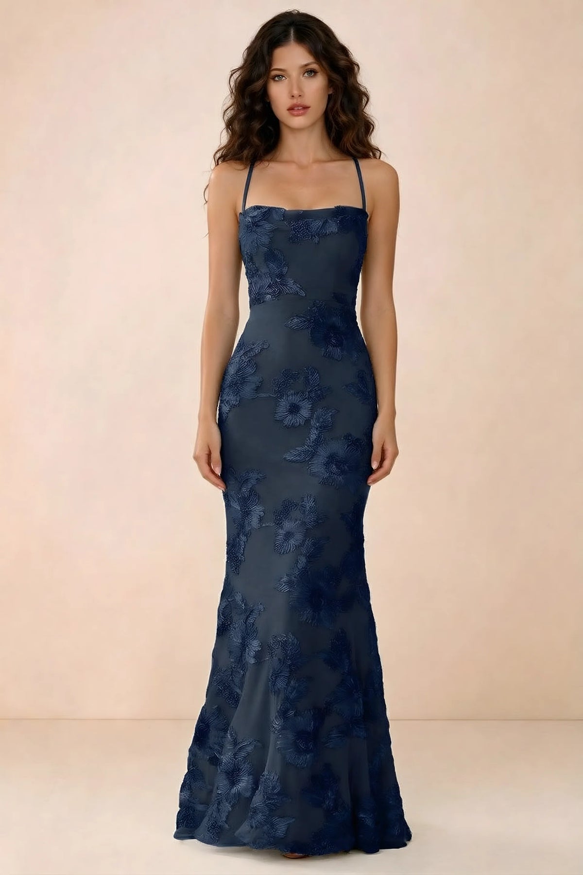 Front studio view of Belinda navy 3D flower mermaid maxi dress with a straight neckline and thin straps