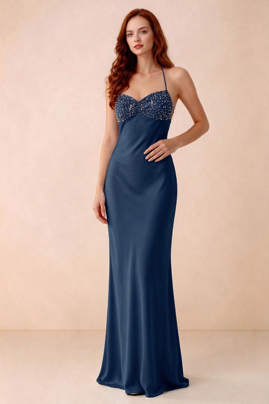 Front studio view of Blanche navy satin beaded maxi dress showing the sweetheart bodice and mermaid skirt