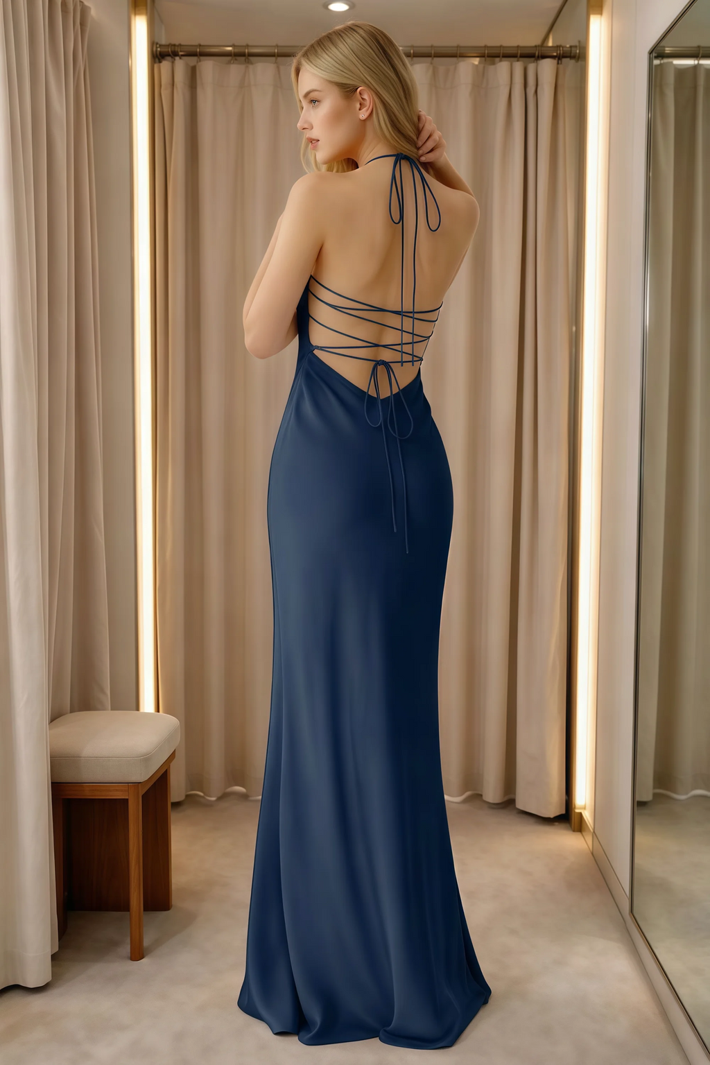 Rear indoor view of Blanche navy dress showing neck ties and lace-up back beside curtains