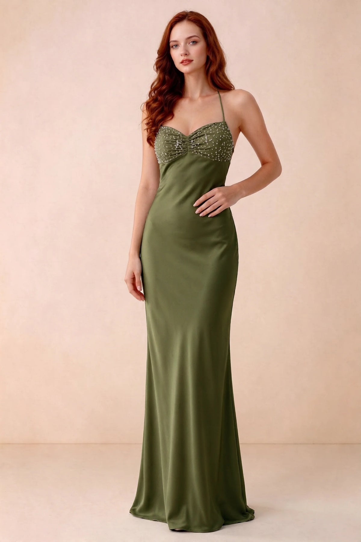 Front studio view of Blanche olive green satin beaded maxi dress showing the sweetheart bodice and mermaid skirt