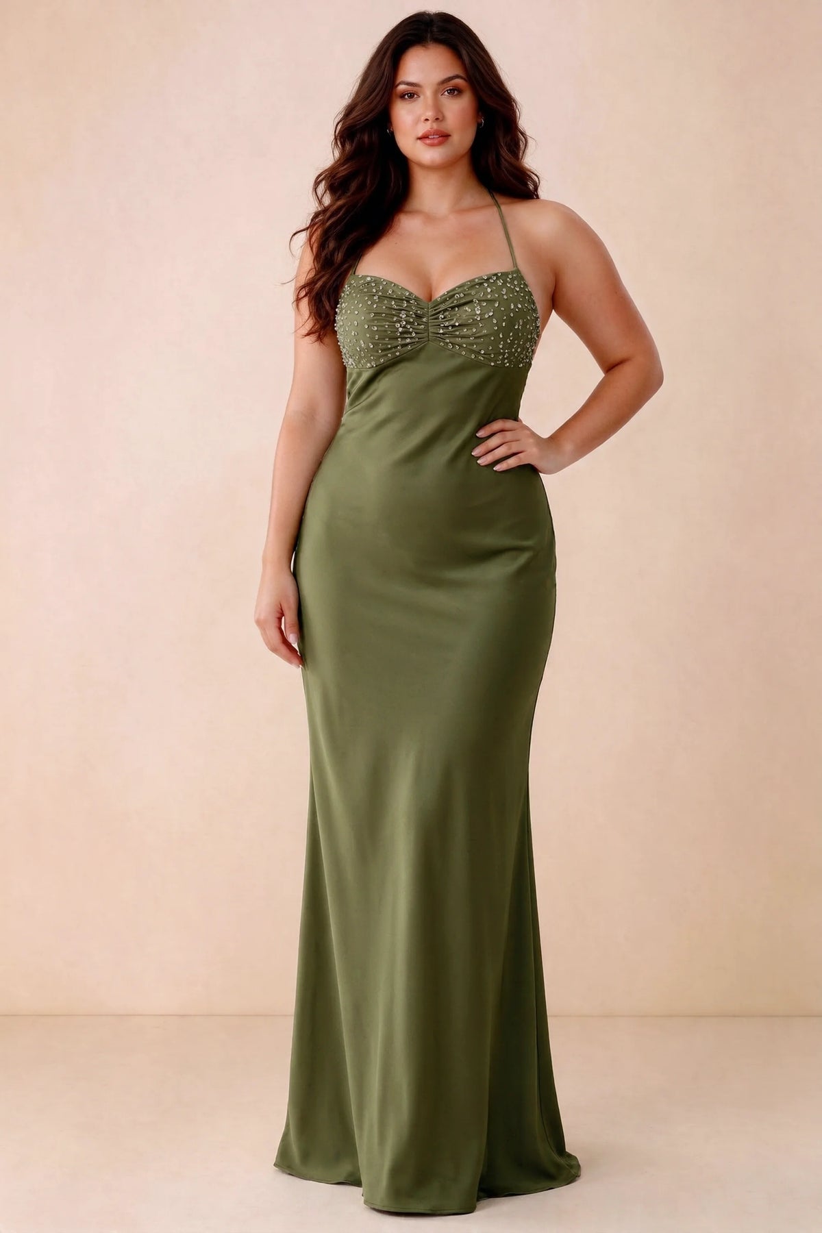 Front studio view of Blanche olive green maxi dress showing the ruched beaded bodice and smooth skirt