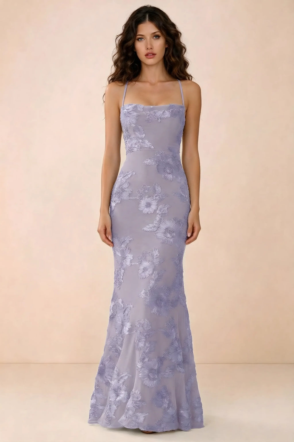 Front studio view of Belinda pale purple 3D flower mermaid maxi dress with a straight neckline and thin straps