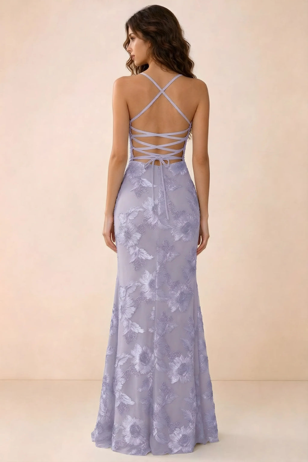Back studio view of Belinda pale purple maxi dress showing crossed straps and open-back ties