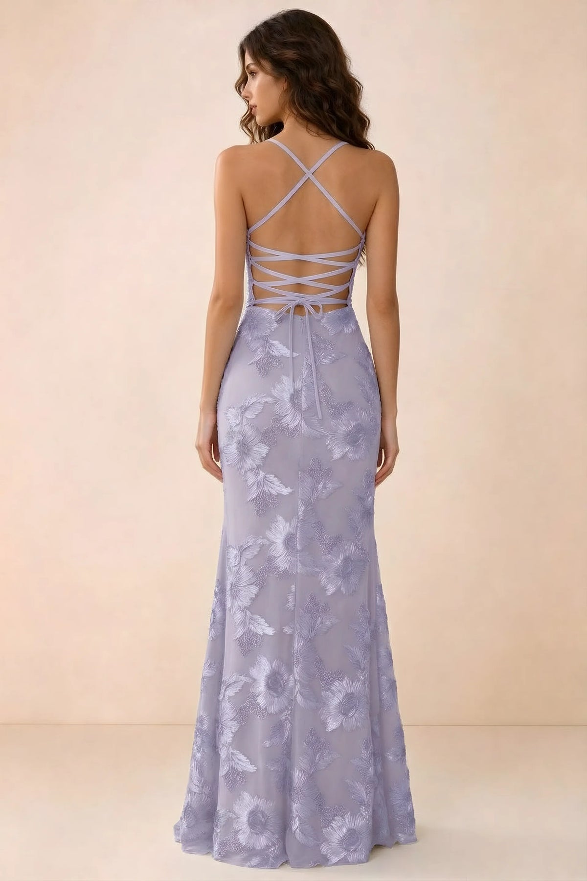 Back studio view of Belinda pale purple maxi dress showing crossed straps and open-back ties