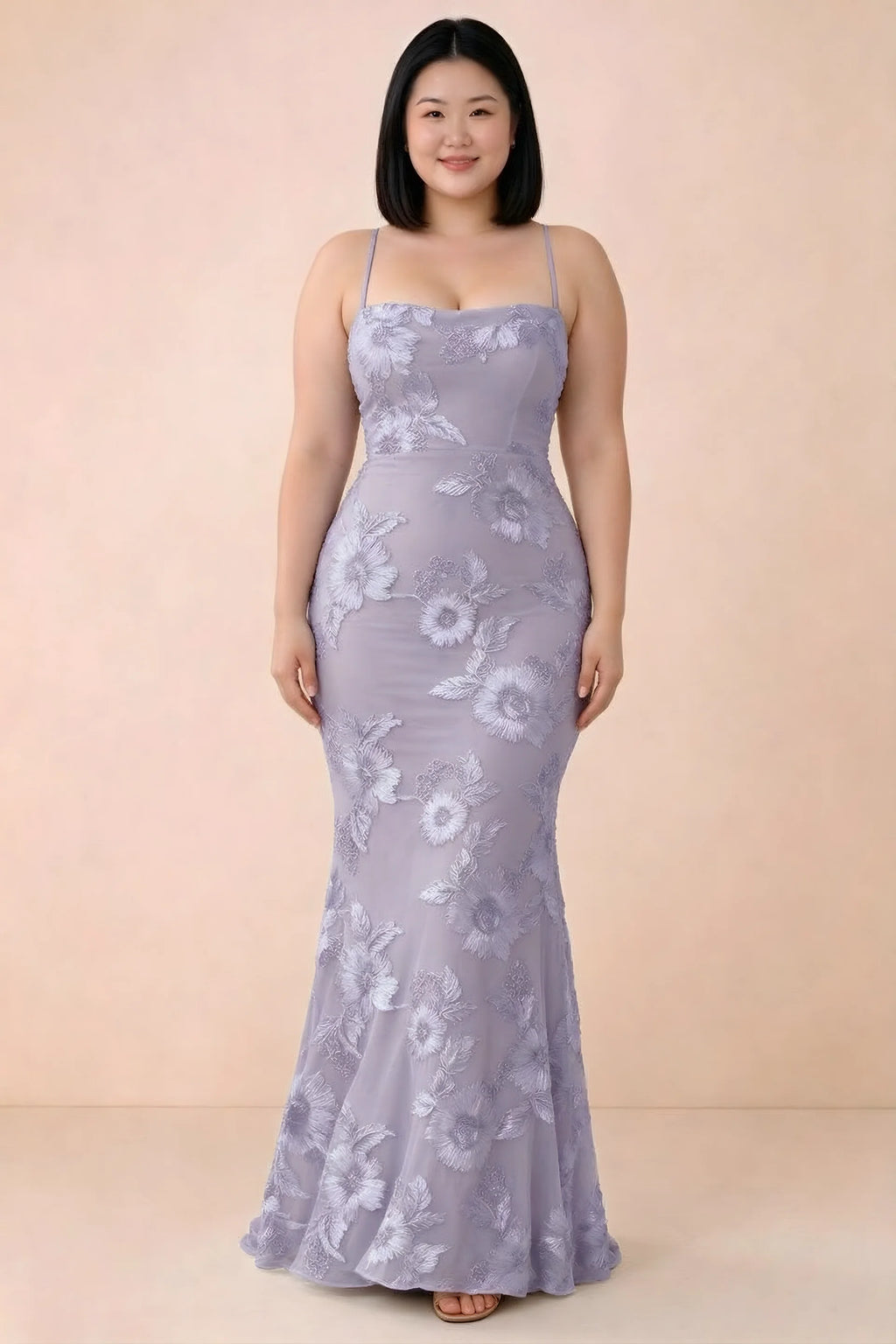 Front studio view of Belinda pale purple floral maxi dress showing the close-fitting bodice and long skirt