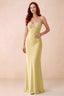 Front studio view of Blanche pastel yellow satin beaded maxi dress showing the sweetheart bodice and mermaid skirt