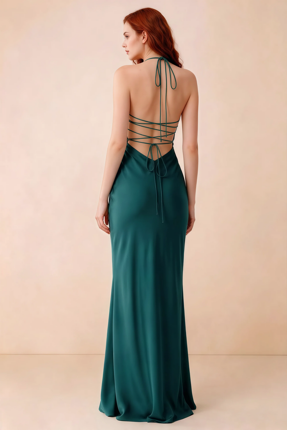 Translation missing: en.Back studio view of Blanche peacock dress showing halter neck ties and crossed open-back lacing content.product_image_secondary