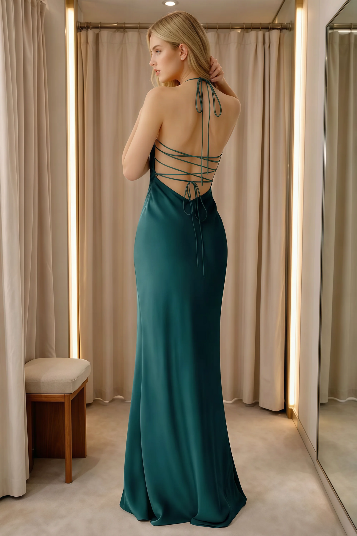Rear indoor view of Blanche peacock dress showing neck ties and lace-up back beside curtains