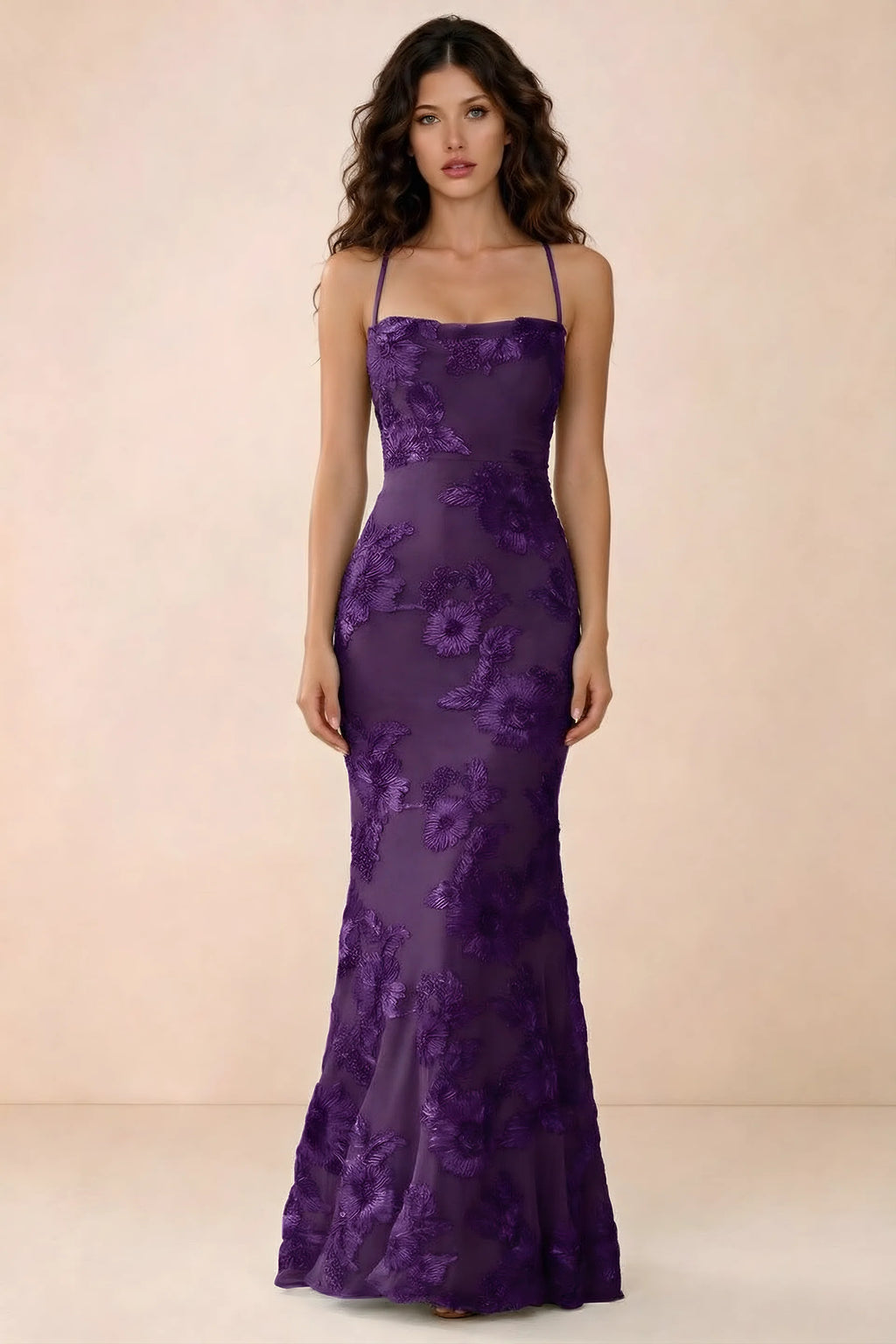Front studio view of Belinda plum 3D flower mermaid maxi dress with a straight neckline and thin straps