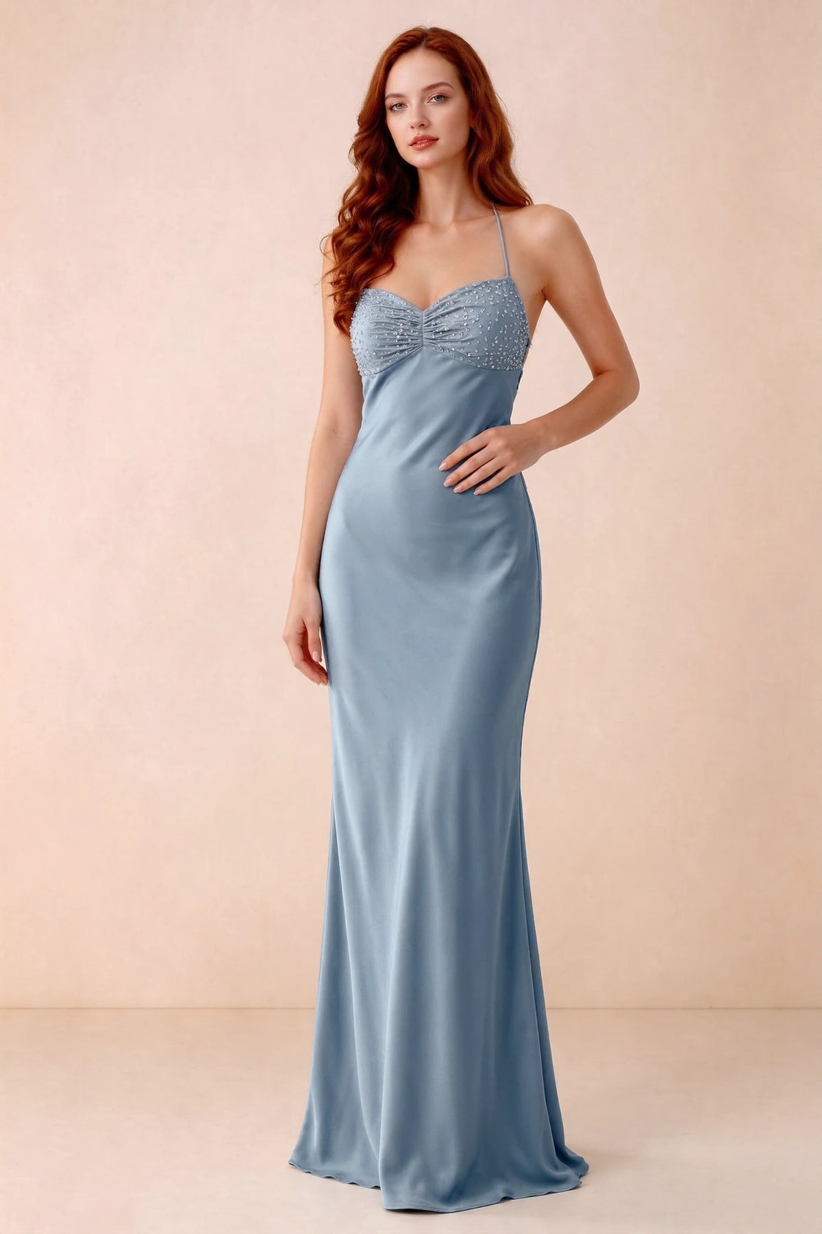 Front studio view of Blanche powder blue satin beaded maxi dress showing the sweetheart bodice and mermaid skirt