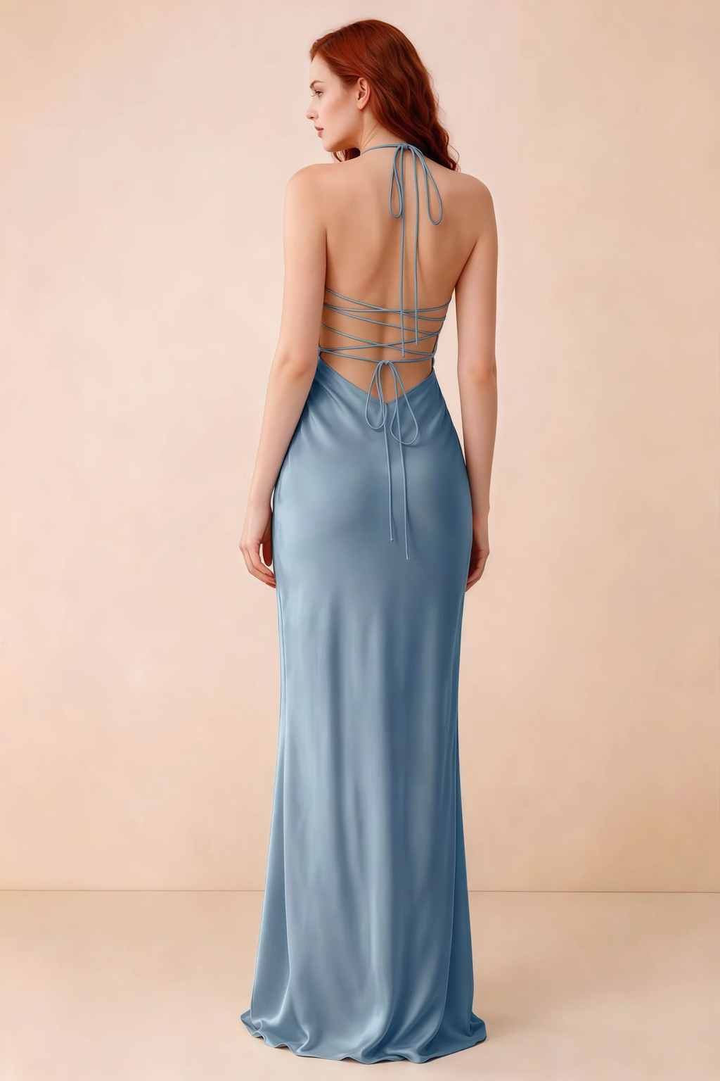 Back studio view of Blanche powder blue dress showing halter neck ties and crossed open-back lacing