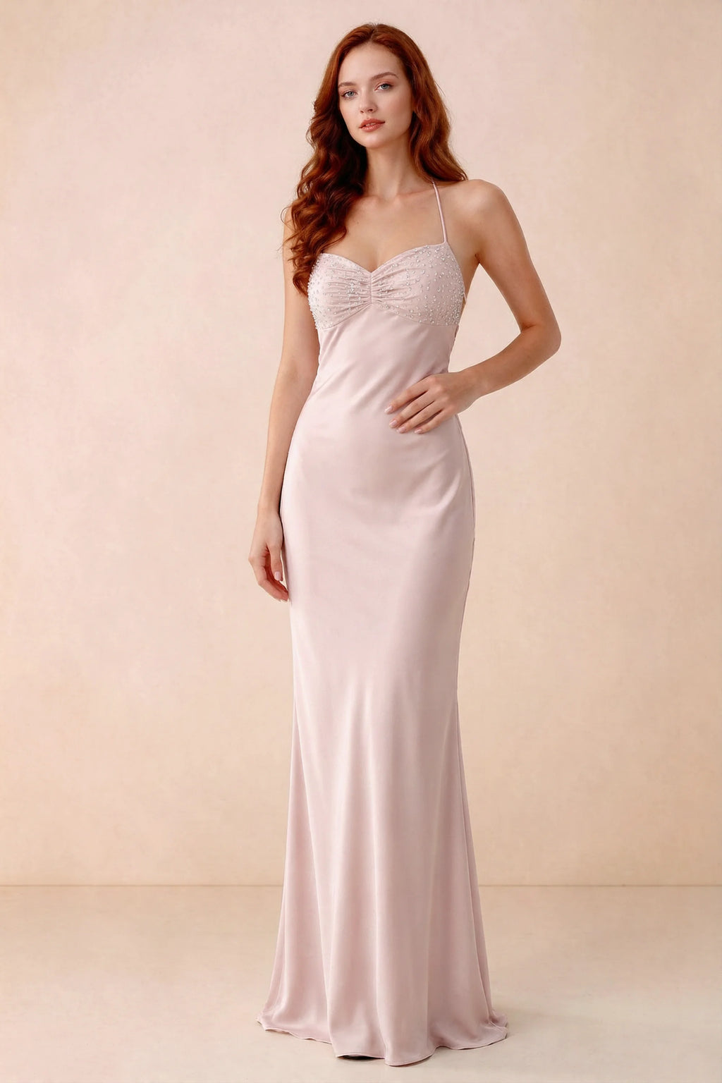 Front studio view of Blanche powder pink satin beaded maxi dress showing the sweetheart bodice and mermaid skirt