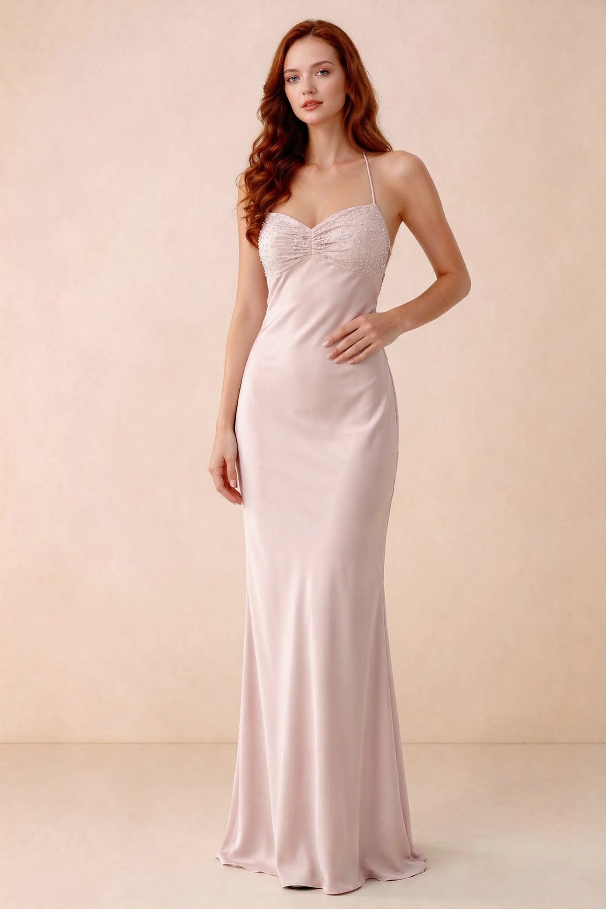 Front studio view of Blanche powder pink satin beaded maxi dress showing the sweetheart bodice and mermaid skirt