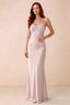 Front studio view of Blanche powder pink satin beaded maxi dress showing the sweetheart bodice and mermaid skirt