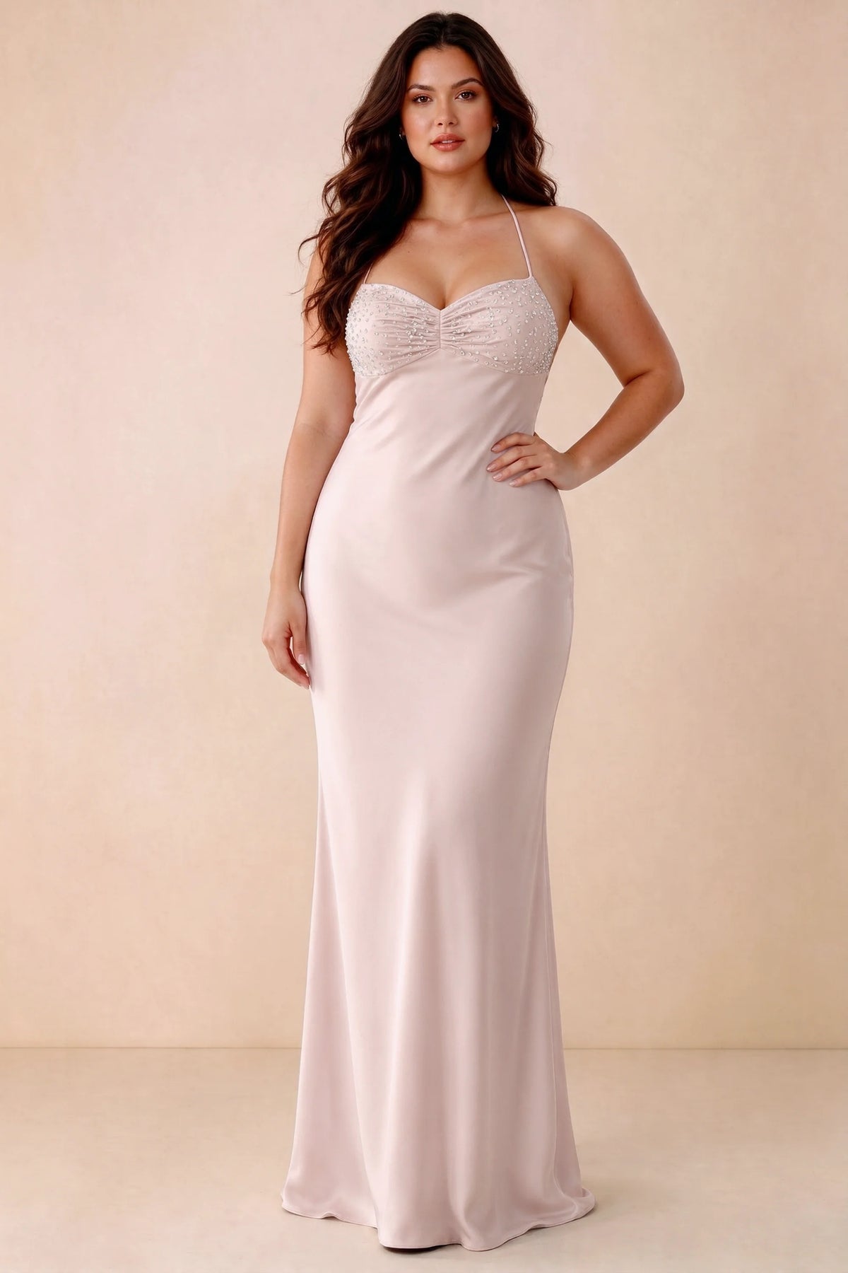 Front studio view of Blanche powder pink maxi dress showing the ruched beaded bodice and smooth skirt