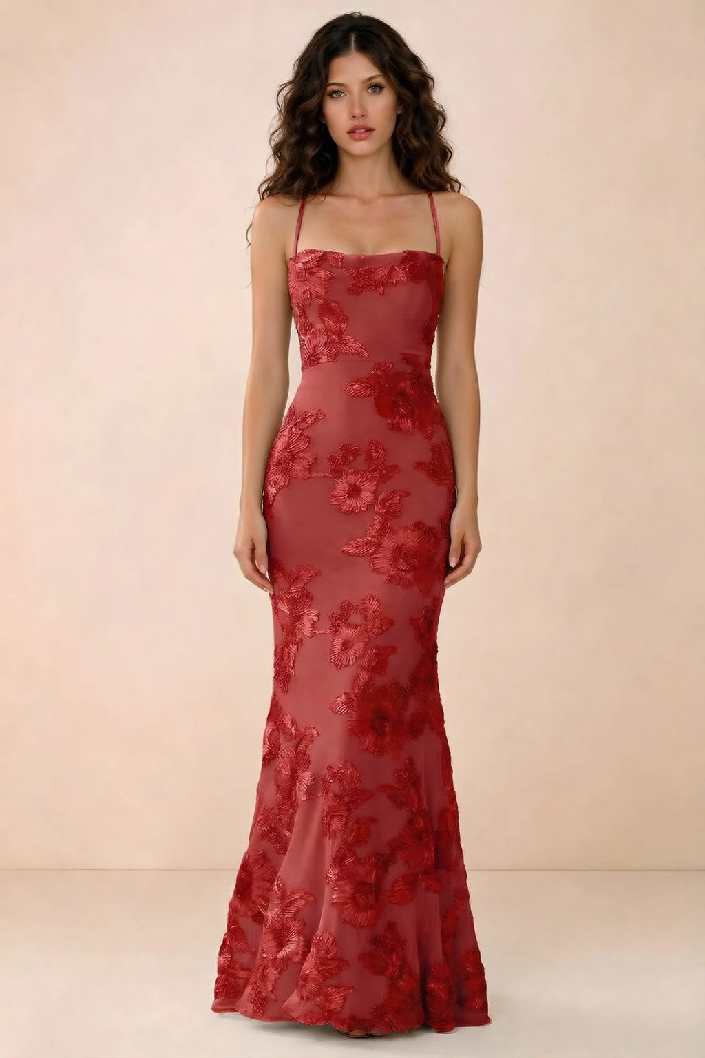 Front studio view of Belinda red 3D flower mermaid maxi dress with a straight neckline and thin straps