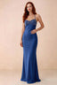 Front studio view of Blanche royal blue satin beaded maxi dress showing the sweetheart bodice and mermaid skirt
