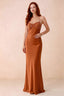 Front studio view of Blanche rust satin beaded maxi dress showing the sweetheart bodice and mermaid skirt