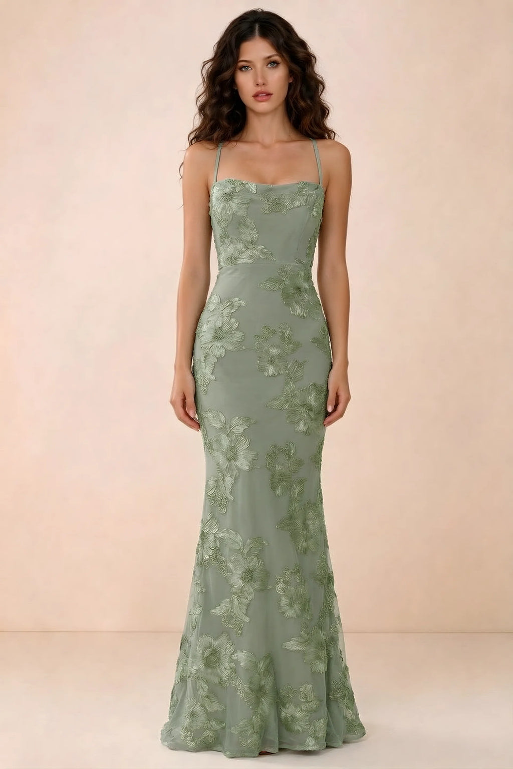Front studio view of Belinda sage green 3D flower mermaid maxi dress with a straight neckline and thin straps