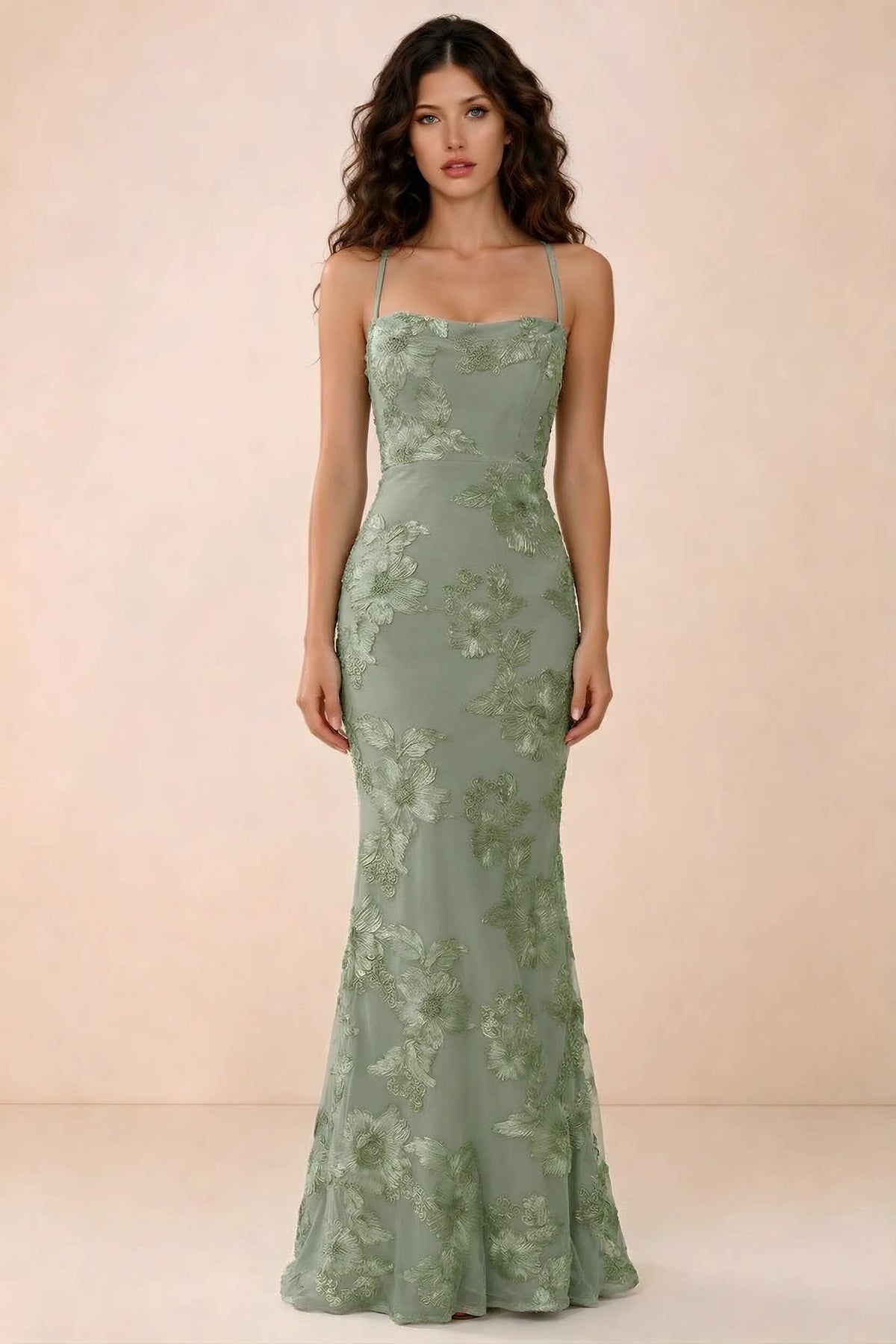 Front studio view of Belinda sage green 3D flower mermaid maxi dress with a straight neckline and thin straps