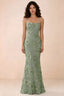 Front studio view of Belinda sage green 3D flower mermaid maxi dress with a straight neckline and thin straps
