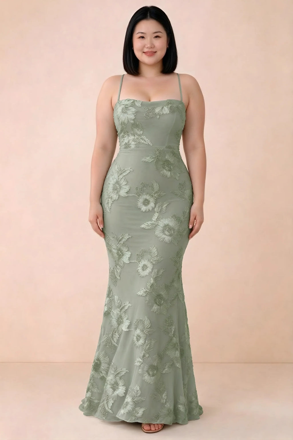 Front studio view of Belinda sage green floral maxi dress showing the close-fitting bodice and long skirt
