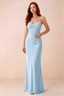 Front studio view of Blanche sky blue satin beaded maxi dress showing the sweetheart bodice and mermaid skirt