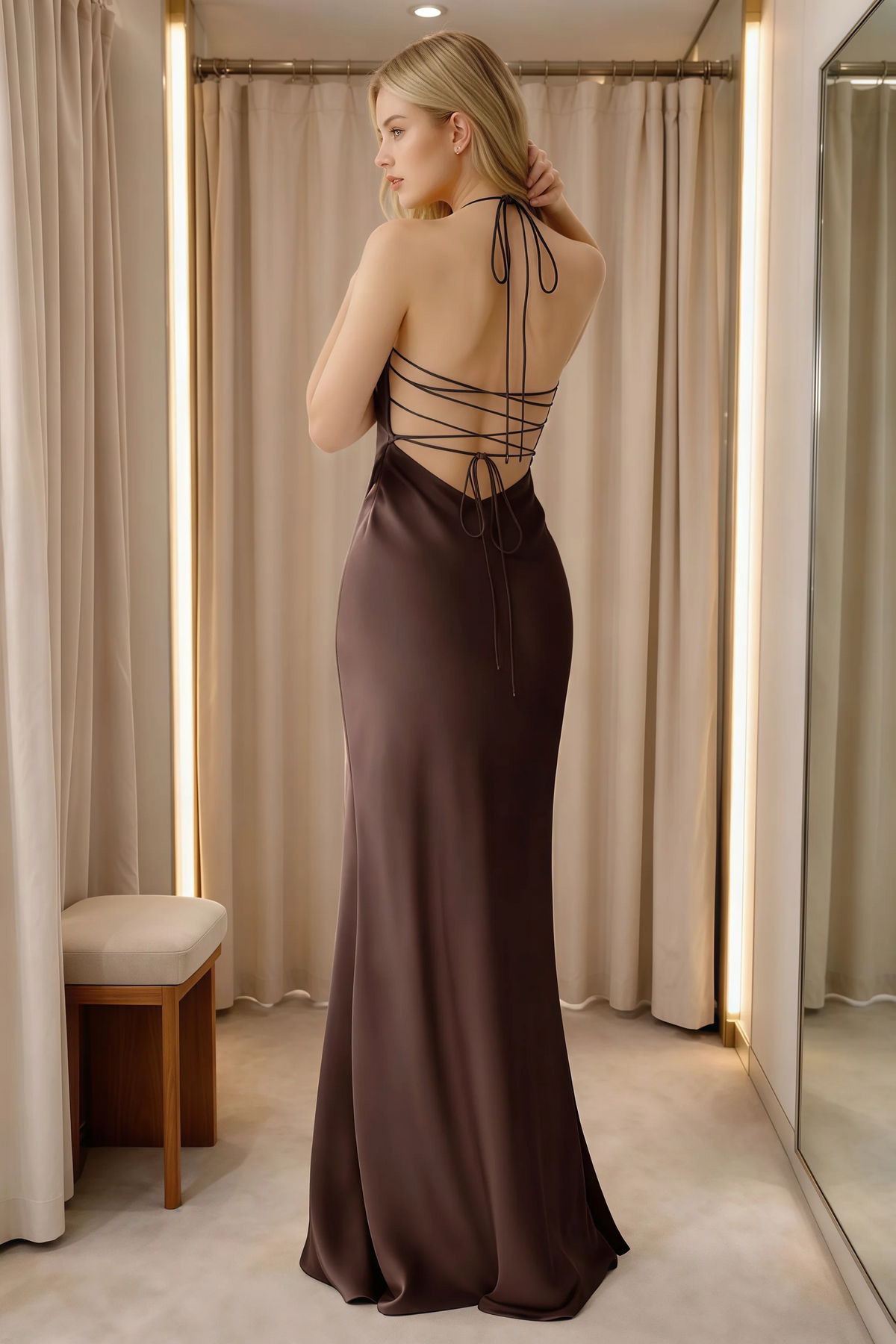 Rear indoor view of Blanche truffle dress showing neck ties and lace-up back beside curtains