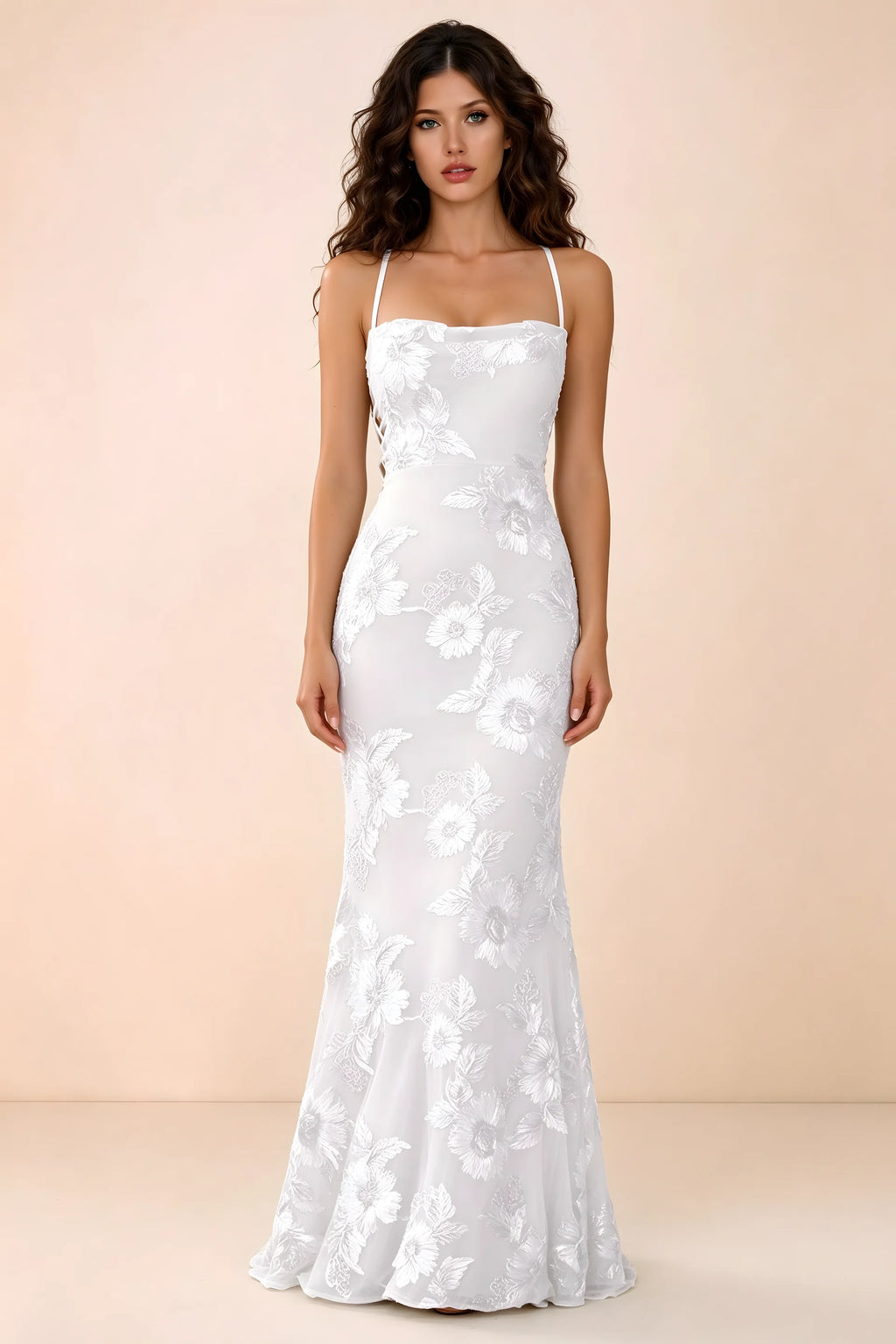 Front studio view of Belinda white 3D flower mermaid maxi dress with a straight neckline and thin straps
