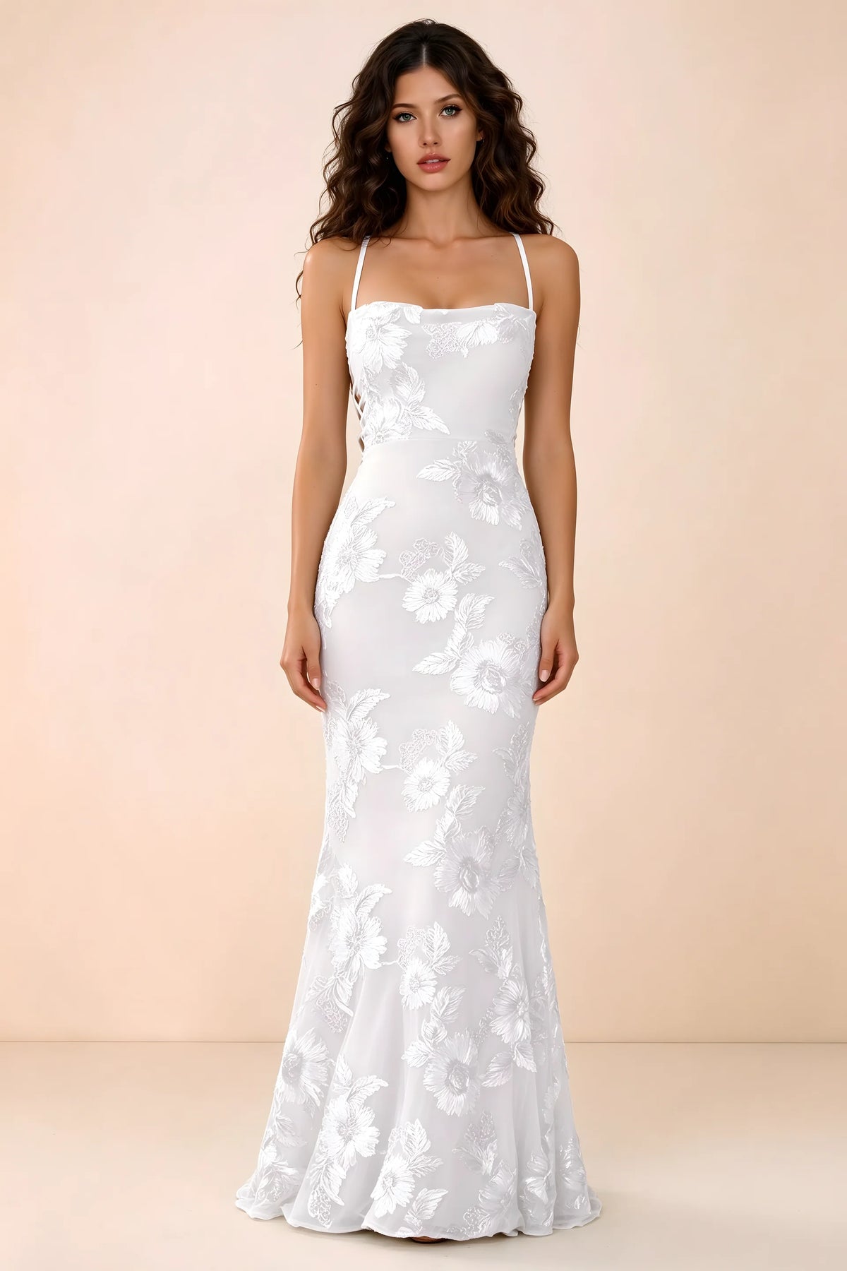 Front studio view of Belinda white 3D flower mermaid maxi dress with a straight neckline and thin straps