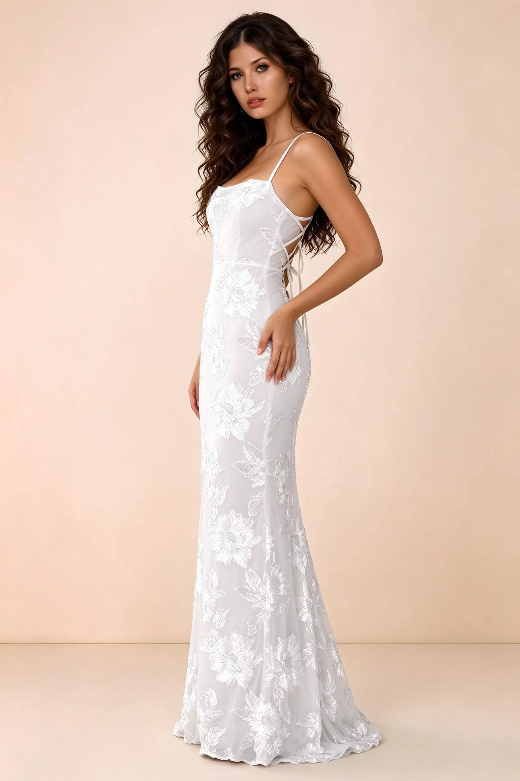 Three-quarter studio view of Belinda white dress showing the fitted waist and flared mermaid hem
