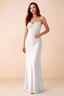 Front studio view of Blanche white satin beaded maxi dress showing the sweetheart bodice and mermaid skirt