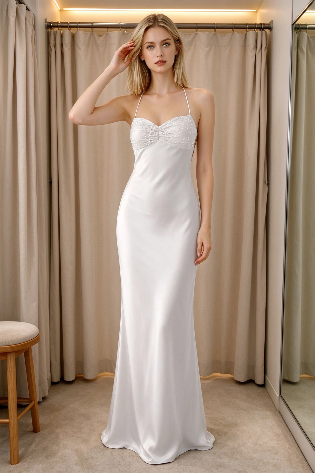 Front indoor view of Blanche white satin maxi dress beside curtains with a beaded bust panel