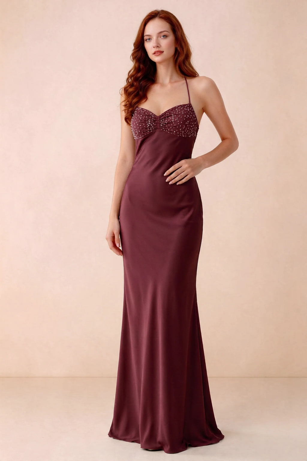 Front studio view of Blanche wine satin beaded maxi dress showing the sweetheart bodice and mermaid skirt