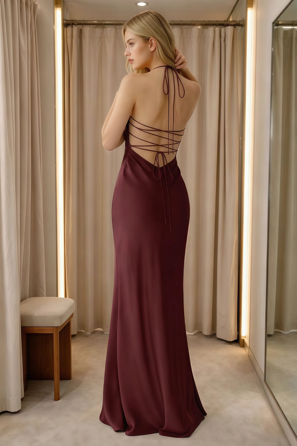 Rear indoor view of Blanche wine dress showing neck ties and lace-up back beside curtains