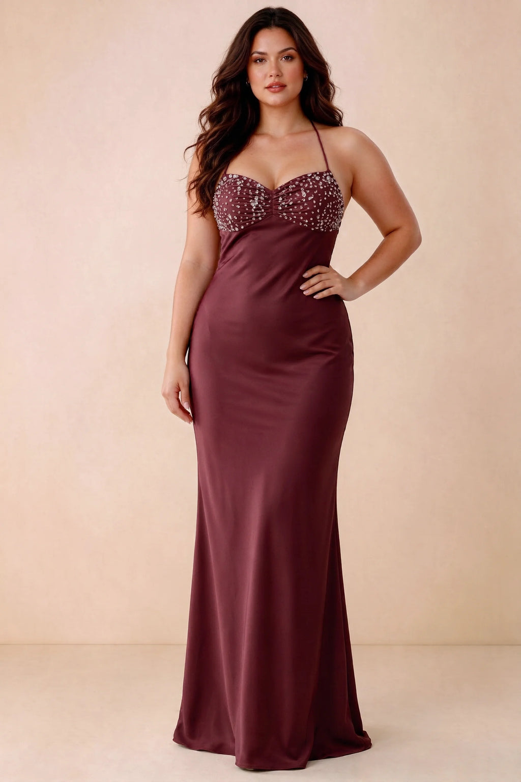 Front studio view of Blanche wine maxi dress showing the ruched beaded bodice and smooth skirt