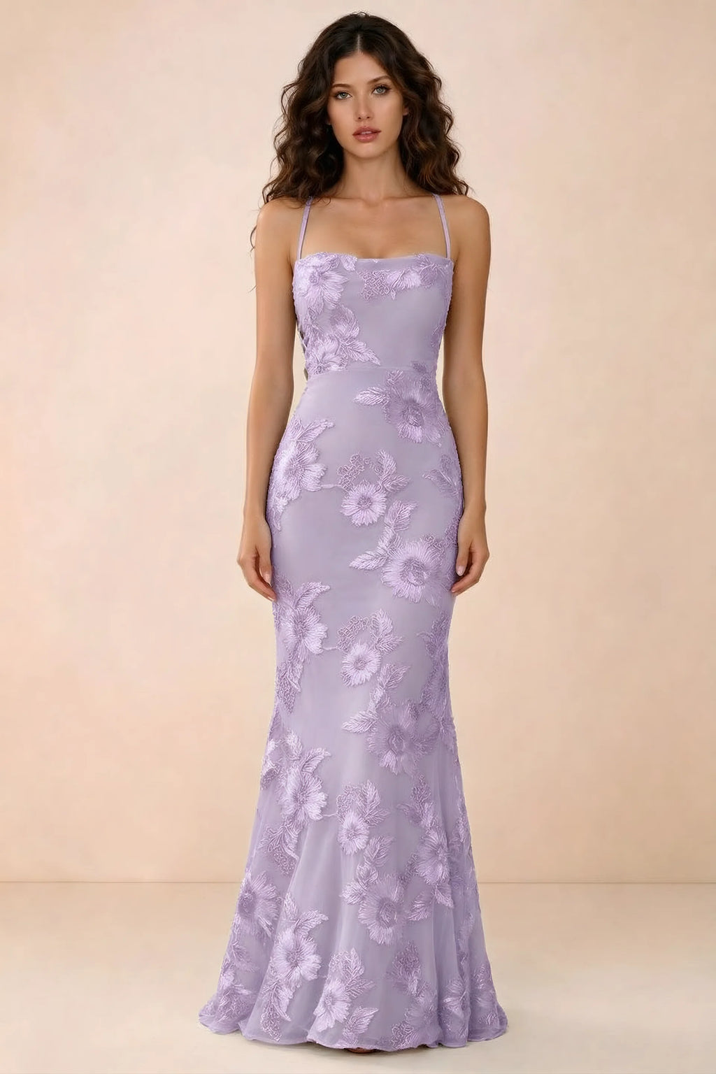 Front studio view of Belinda wisteria 3D flower mermaid maxi dress with a straight neckline and thin straps